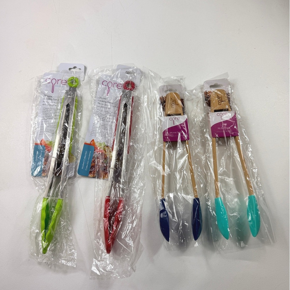 Core Kitchen Silicone Tongs Set of 4 Bamboo Stainless Steel Multicolor NEW